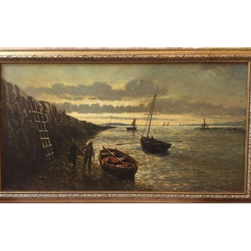 168 - Alex Finley. Fisherman setting out from harbour. Oil on Canvas. Signed and dated 1877 lower left. 42... 