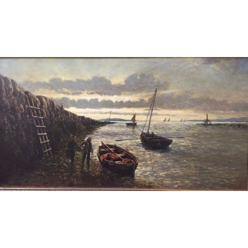 168 - Alex Finley. Fisherman setting out from harbour. Oil on Canvas. Signed and dated 1877 lower left. 42... 