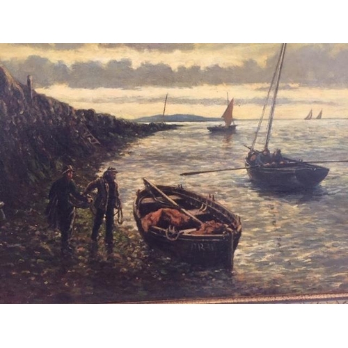 168 - Alex Finley. Fisherman setting out from harbour. Oil on Canvas. Signed and dated 1877 lower left. 42... 