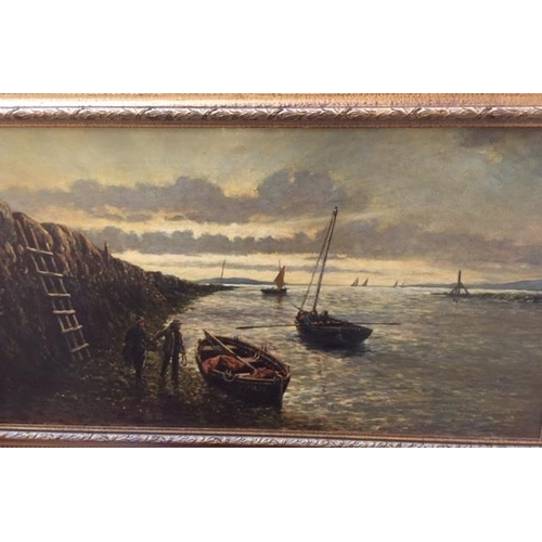 168 - Alex Finley. Fisherman setting out from harbour. Oil on Canvas. Signed and dated 1877 lower left. 42... 