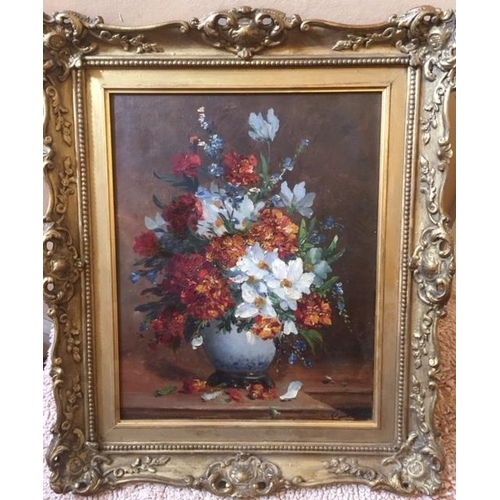 169 - 19th Century continental school. Still life of flowers in a blue vase. Oil on Canvas laid on board. ... 