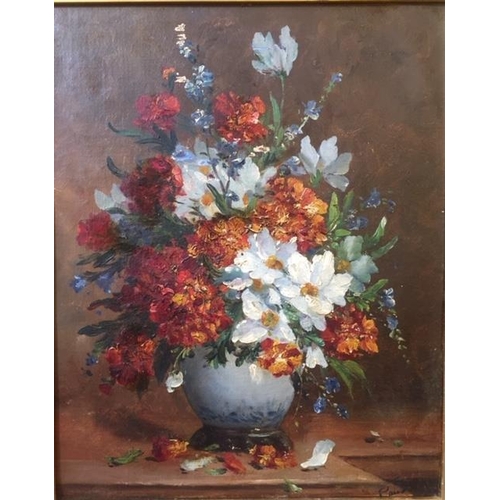 169 - 19th Century continental school. Still life of flowers in a blue vase. Oil on Canvas laid on board. ... 