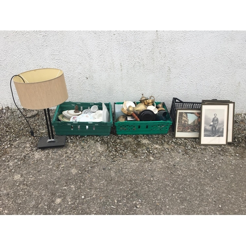 708 - A quantity of Brass etc., a table lamp and pictures plus box lot.