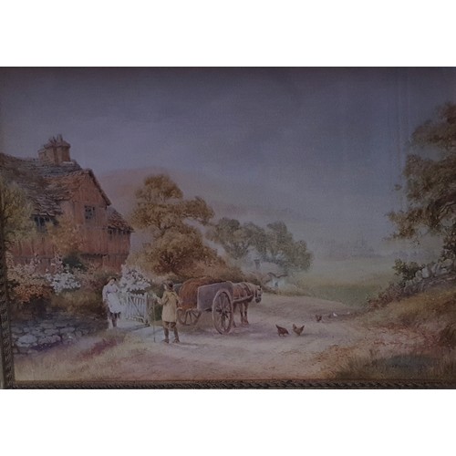 174 - A 19th Century Watercolour of a Farmer, cart and hens at his house. Monogrammed LR. BF. 24 x 34 cms ... 