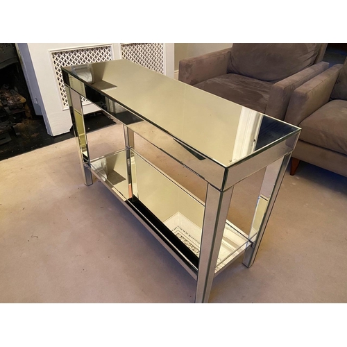 173 - A really good Glass two tier Console Table on square tapered supports. 112 x 38 x H 75.5 cms approx.