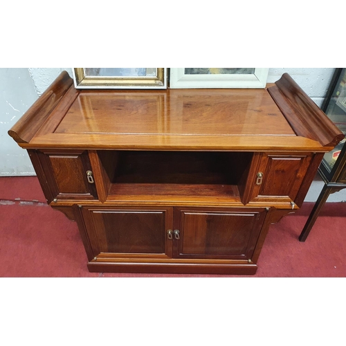 111 - A lovely pair of Oriental Hardwood Urn Side Tables with raised ends and twin panel doors. 102 x 51 x... 