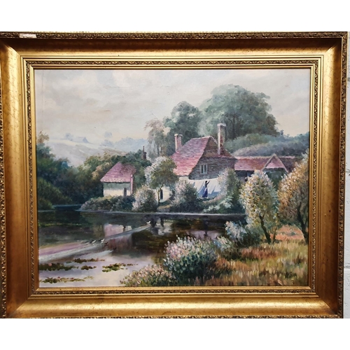 112 - A nice 20th Century Oil On Canvas of a house and lake in foreground. Signed P Hiller LR. 51 x 63 cms... 