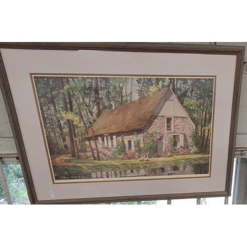 137 - After Mildred Sands Kratz a signed Limited Edition coloured Print of a cottage with geese. 36 x 56 c... 