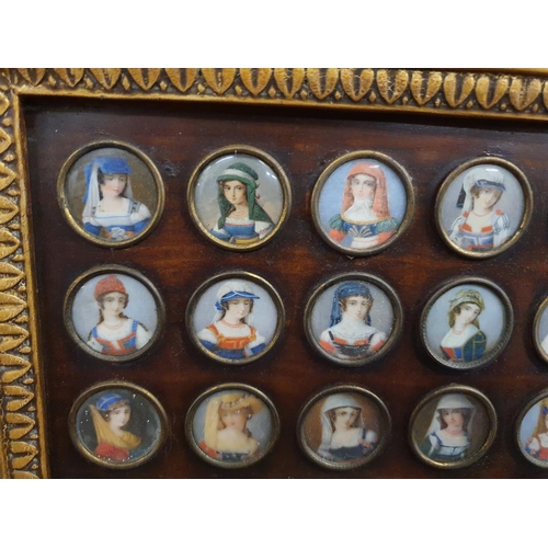 253 - A really good set of twenty hand painted Miniatures of ladies in one framed collage. 15 x 18 .Each m... 