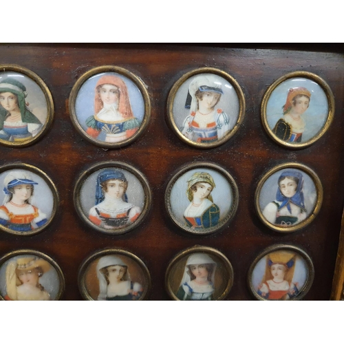 253 - A really good set of twenty hand painted Miniatures of ladies in one framed collage. 15 x 18 .Each m... 