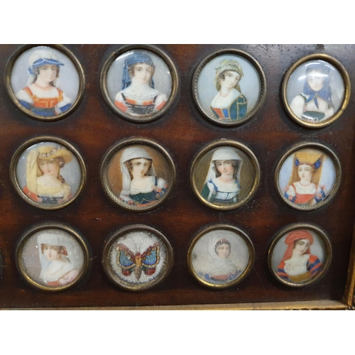 253 - A really good set of twenty hand painted Miniatures of ladies in one framed collage. 15 x 18 .Each m... 