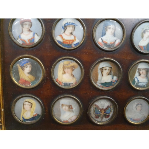 253 - A really good set of twenty hand painted Miniatures of ladies in one framed collage. 15 x 18 .Each m... 