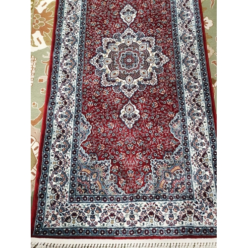 284 - A really good Turkish made Runner with silver/ off white and burgundy ground. 400 x 100 cm.