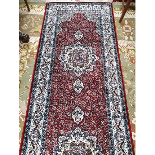 284 - A really good Turkish made Runner with silver/ off white and burgundy ground. 400 x 100 cm.