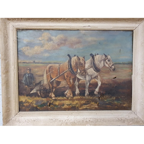 689 - A large Oil On Canvas of Ducks, a large Oil On Canvas ploughing scene (AF), a primitive Oil On Canva... 