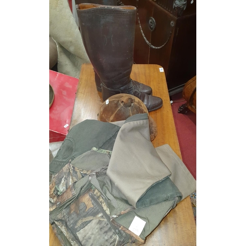 683 - A pair of Leather Riding Boots size 7/8 along with a Riding Hat, Vintage Baseball Glove and fishing ... 