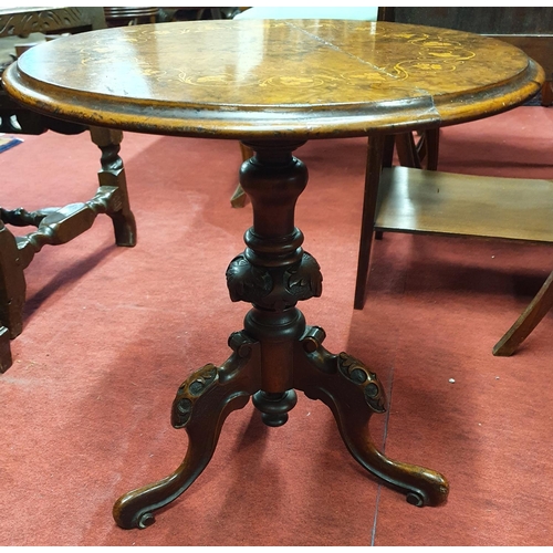 323 - A Victorian Walnut Inlaid Side Table. Top needs repair. D 47 x H 50 cms approx.