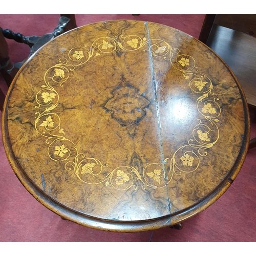 323 - A Victorian Walnut Inlaid Side Table. Top needs repair. D 47 x H 50 cms approx.