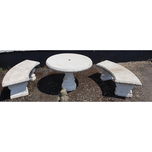 415 - A very large and heavy circular Table (107cm diam approx.) along with two curved Benches 134cm lengt... 