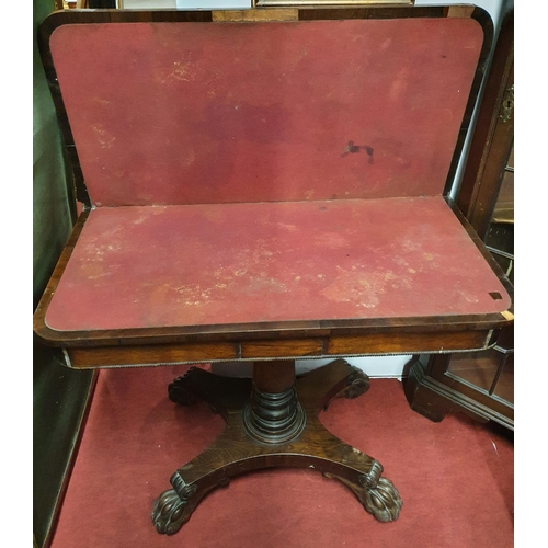 569 - A fantastic Regency Rosewood Irish Foldover Card Table with hairy paw feet.W 92 X D45 X H 73cms appr... 