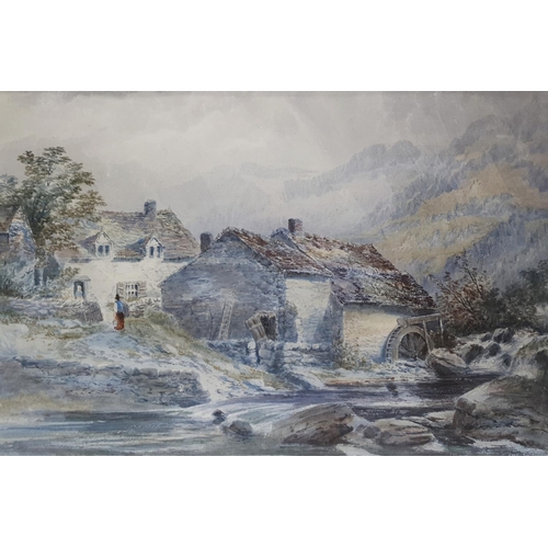 820 - A 19th early 20th Century Watercolour of a mill with figures at a cottage. 45 x 30 cms approx.