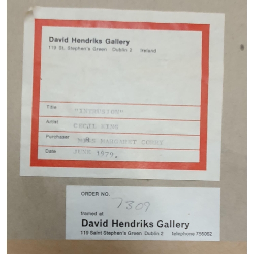 583 - An Oil on Paper 'Intrusion' by Cecil King with a David Hendrick's Gallery label verso. Dated 1979. 1... 