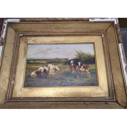 705 - In the manner of Thomas Sydney Cooper, a small herd of cattle in pasture in a Period Frame. (Some fa... 