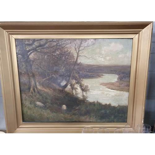 795 - A very large Oil on Canvas of sheep by a river by George Graham, signed, 71 x 90 cms approx.