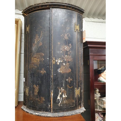 800 - A 19th Century chinoiserie hand painted wall hanging Corner Cabinet with oriental art work. 60 x H 9... 