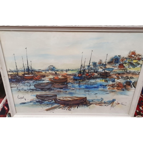 810 - A Watercolour of an estuary scene by Cugan along with three further street scene Prints.