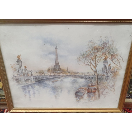 810 - A Watercolour of an estuary scene by Cugan along with three further street scene Prints.