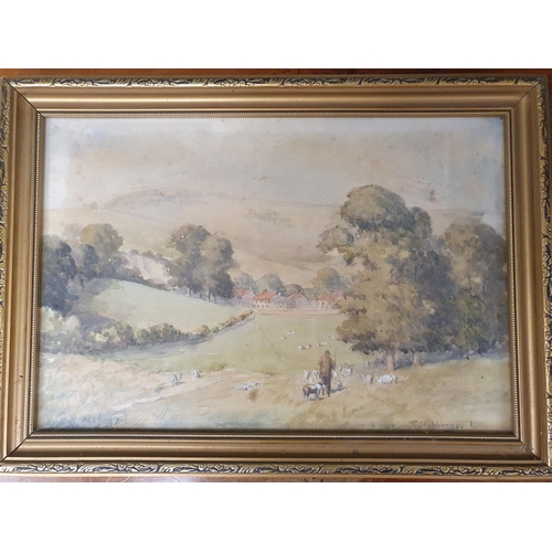 823a - An early 20th Century Watercolour of a Shepherd and his Sheep with his dog. Signed indistinctly LR a... 