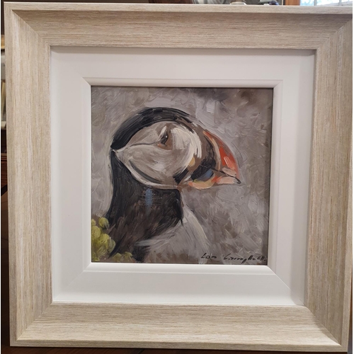 883 - Con Campbell (Irish) '' Puffin ''. Oil on Board, signed lower right. Framed size 35cm x 35 cm.