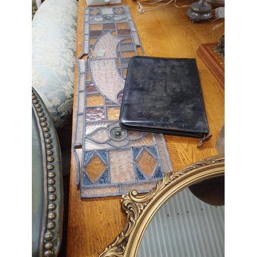 1024 - An oval Mirror and Stained Glass Panel (both AF) along with a Letter Rack and Leather Folder.