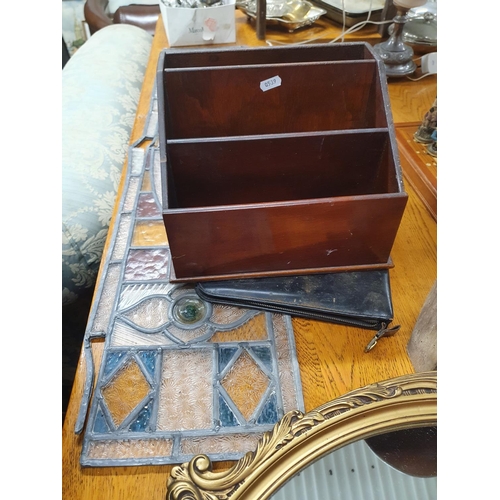 1024 - An oval Mirror and Stained Glass Panel (both AF) along with a Letter Rack and Leather Folder.