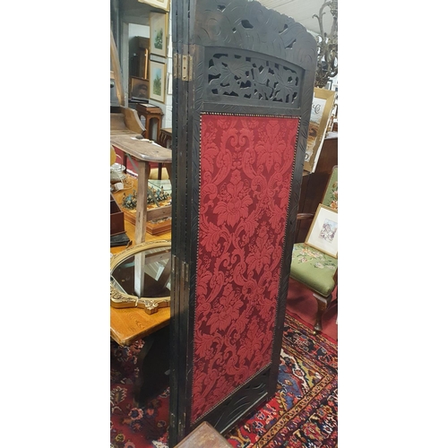 1026 - A good early 20th Century four Folding Screen with burgundy Damask material. 61 x 180 cms approx.