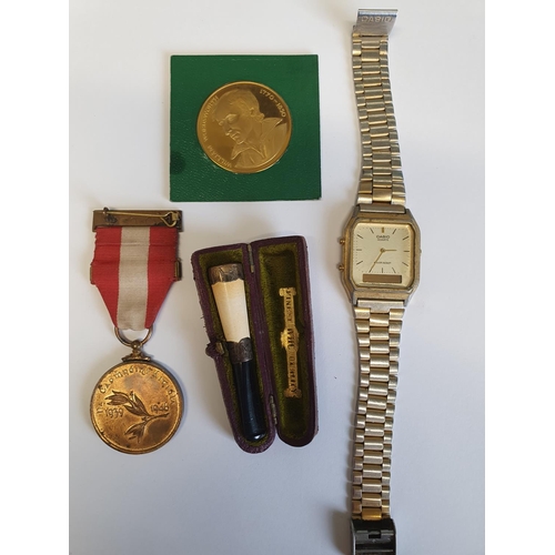 631 - A commemorate Irish Medal, Coin, Cheroot and Watch.