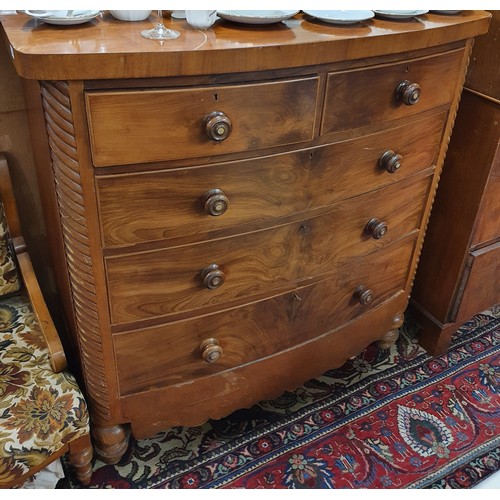 682 - A good 19th Century Mahogany Bowfront Chest of Drawers with original timber knobs. 121 x 53 x 125 cm... 