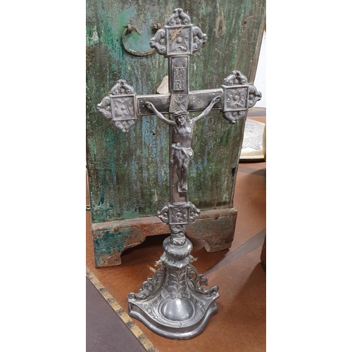 664 - An old pewter Cross. 46H cms approx.