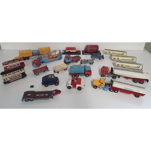 104 - A good quantity of vintage Corgi and other Diecast Trucks and Trailers and Buses.