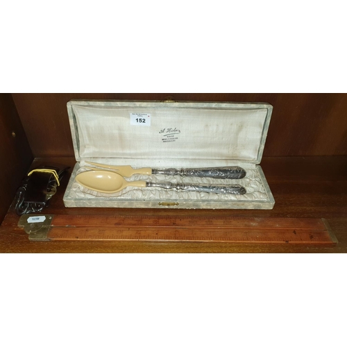 152 - Art Nouveau 1900 French Silver Table Serving Fork and Spoon in Leather Case. Marked with Minerva Hea... 