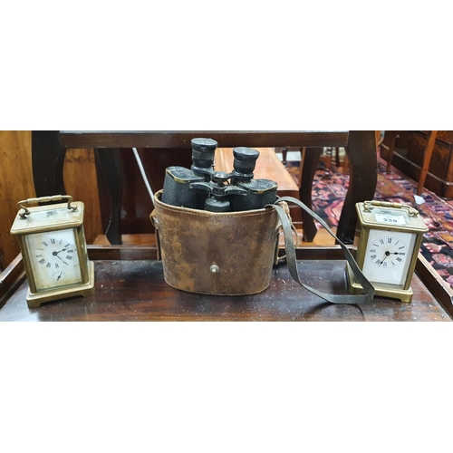 239 - A Silver topped Hip Flask with leather case, a set of Binoculars and 2 20th Century Brass carriage C... 