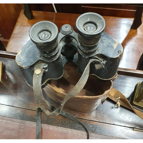 239 - A Silver topped Hip Flask with leather case, a set of Binoculars and 2 20th Century Brass carriage C... 