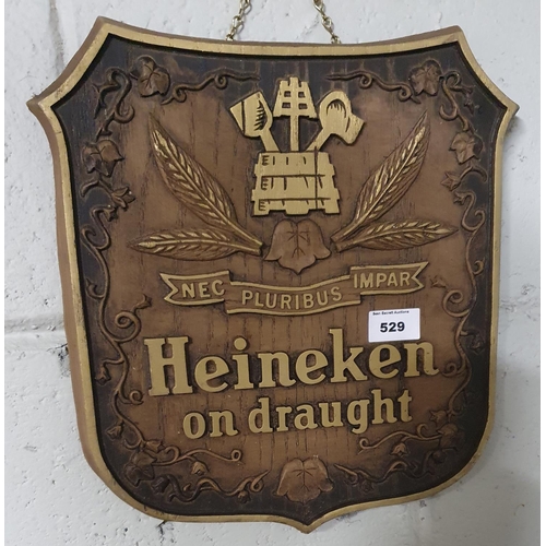 14 - 'Heineken on Draught' Wooden Plaque. 32cm (high) x 30cm (width) approx. along with a Beefeater Adver... 