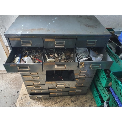 301 - A vintage Metalworkers chest of Drawers with contents. 77W x 40D x 95H cms approx.