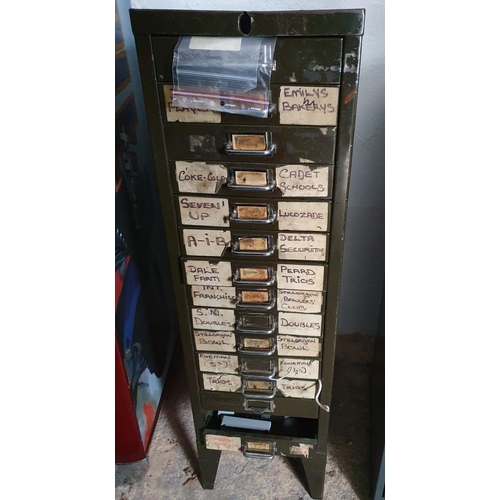 324 - A metalworker's bank of Drawers and contents. 29W x 43D x 100H cms approx.