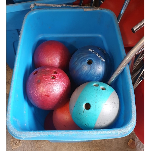 328 - A bin of used Bowling Balls. Bin included.