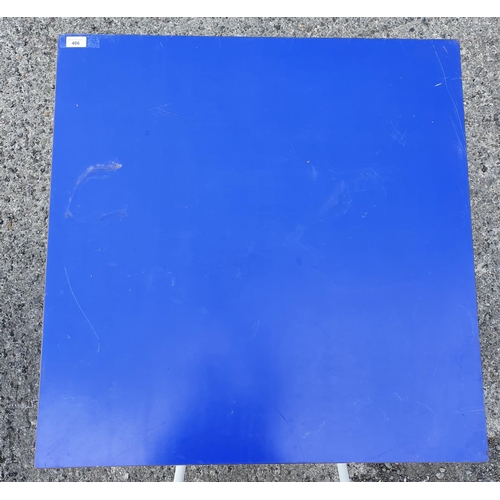 406 - A blue topped square Table with chrome base. Please note this is a generic photo. (There are 9 of th... 