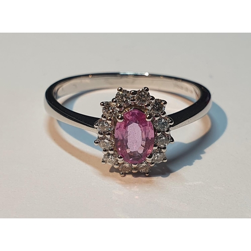 304 - An 18ct gold pink sapphire and diamond cluster ring. Pink sapphire weight 0.53ct. Total diamond weig... 