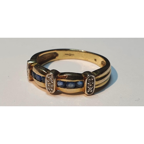 307 - 9ct gold sapphire and diamond band ring, hallmarks for London, ring size M, 2.6gms.